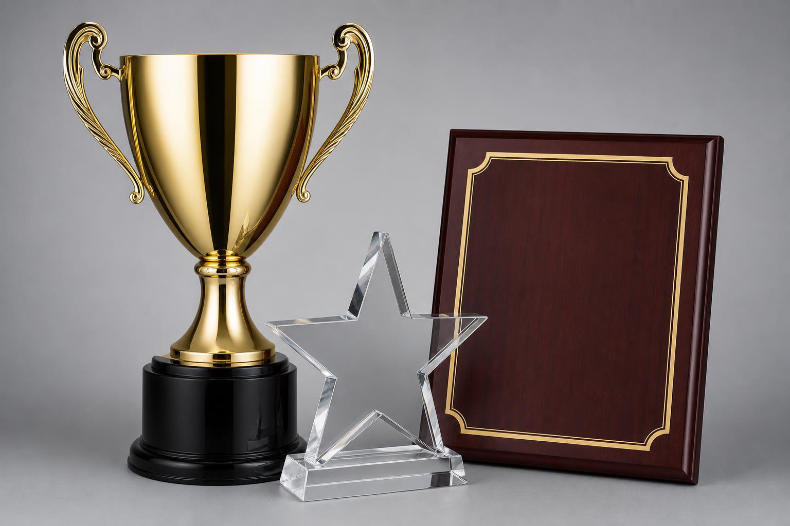 Engraved crystal trophy and wooden award plaque